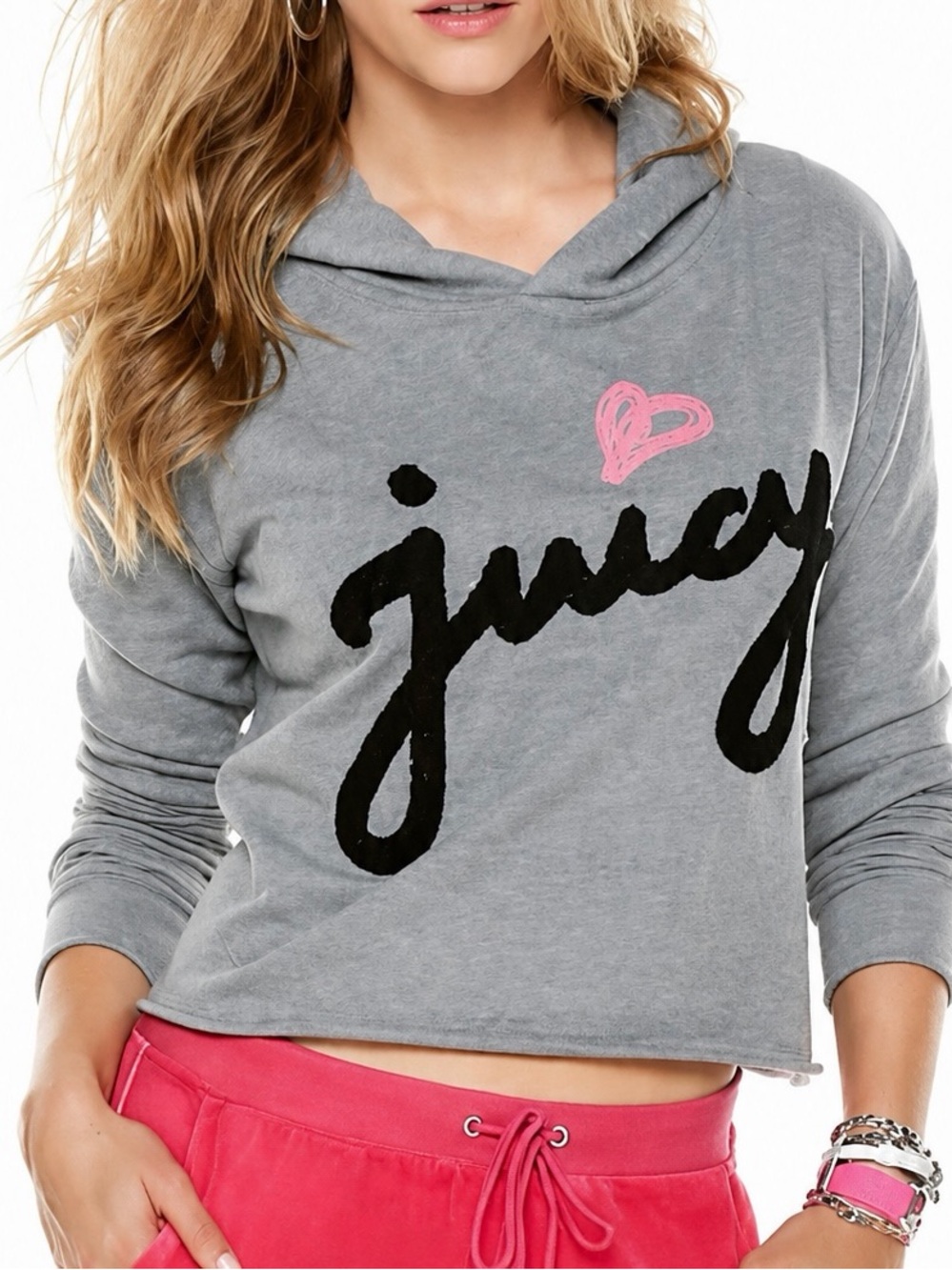 Juicy Couture Y2K Cropped Hoodie Gray Pink Logo Heart Sweatshirt XL